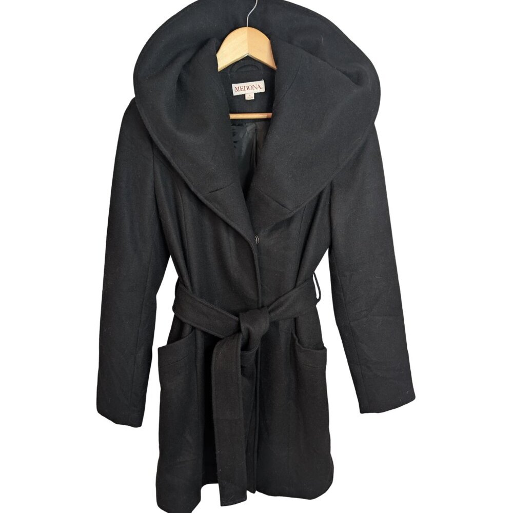 Merona Black Wool Blend Belted Car Coat Shawl Collar S Minimalist Quiet Luxury